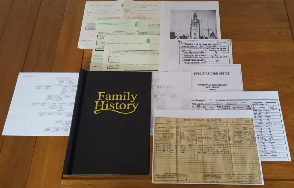 Professional Family History binder with certificates, census records, military documents and family tree